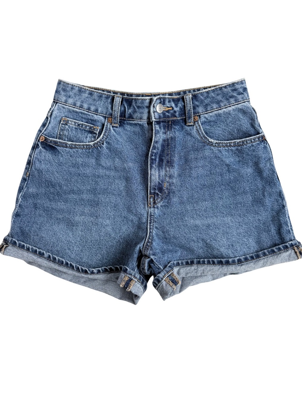 H&M High Rise Mom Denim Shorts Womens Size 4 Blue Cuffed Rolled Hem Jean Shorts